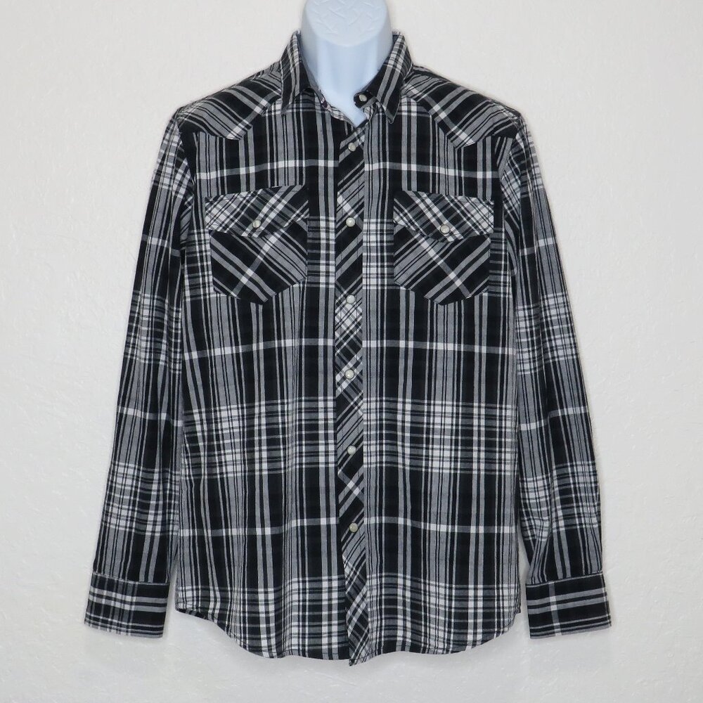 Sun + Stone* Men's Long Sleeve Snap Down Curved Hem Plaid Dress Shirt~ Medium